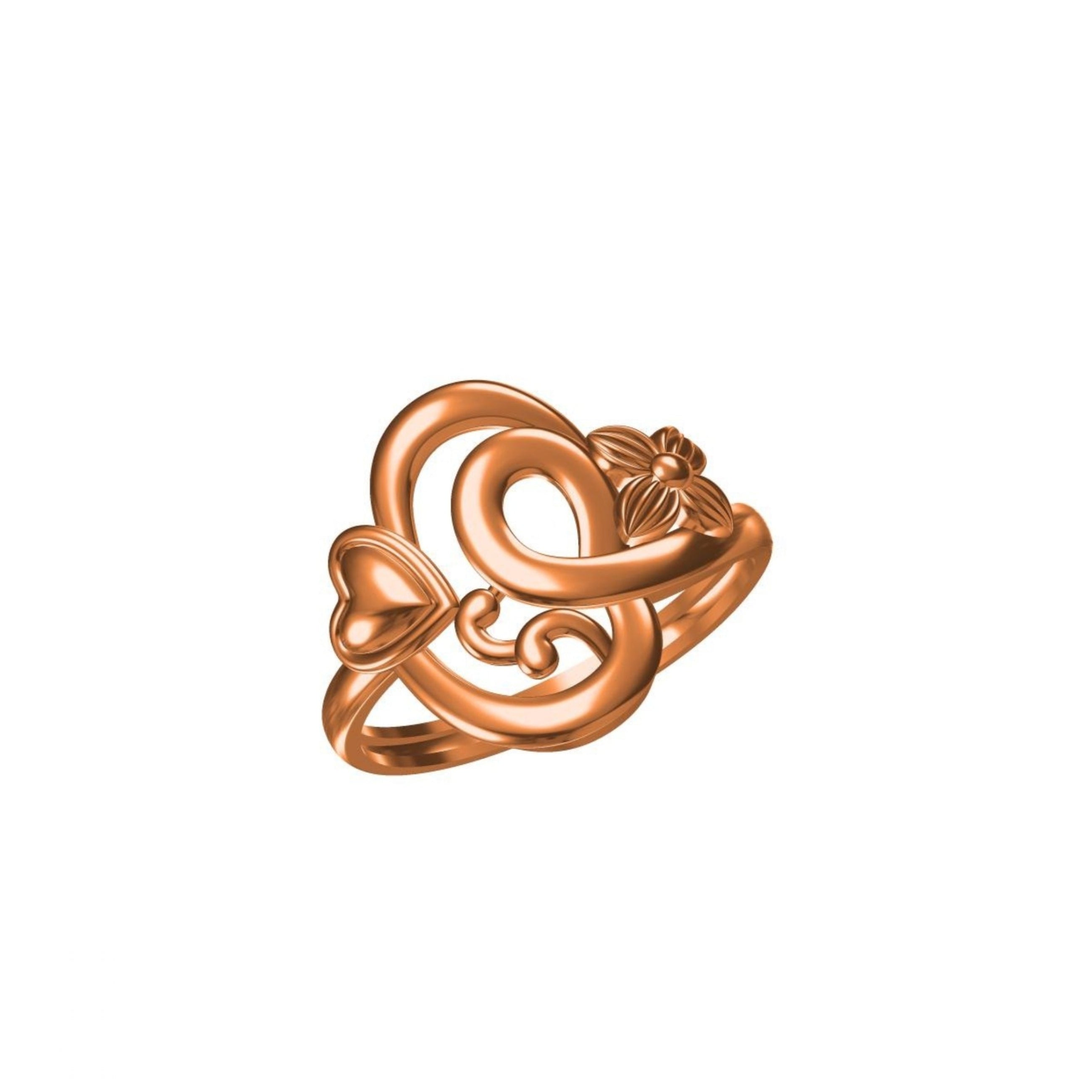 A rose gold ring with an intricate, swirling filigree design and a small heart detail on the side, shown against a plain white background with a model number label in the bottom left and a brand logo in the bottom center.