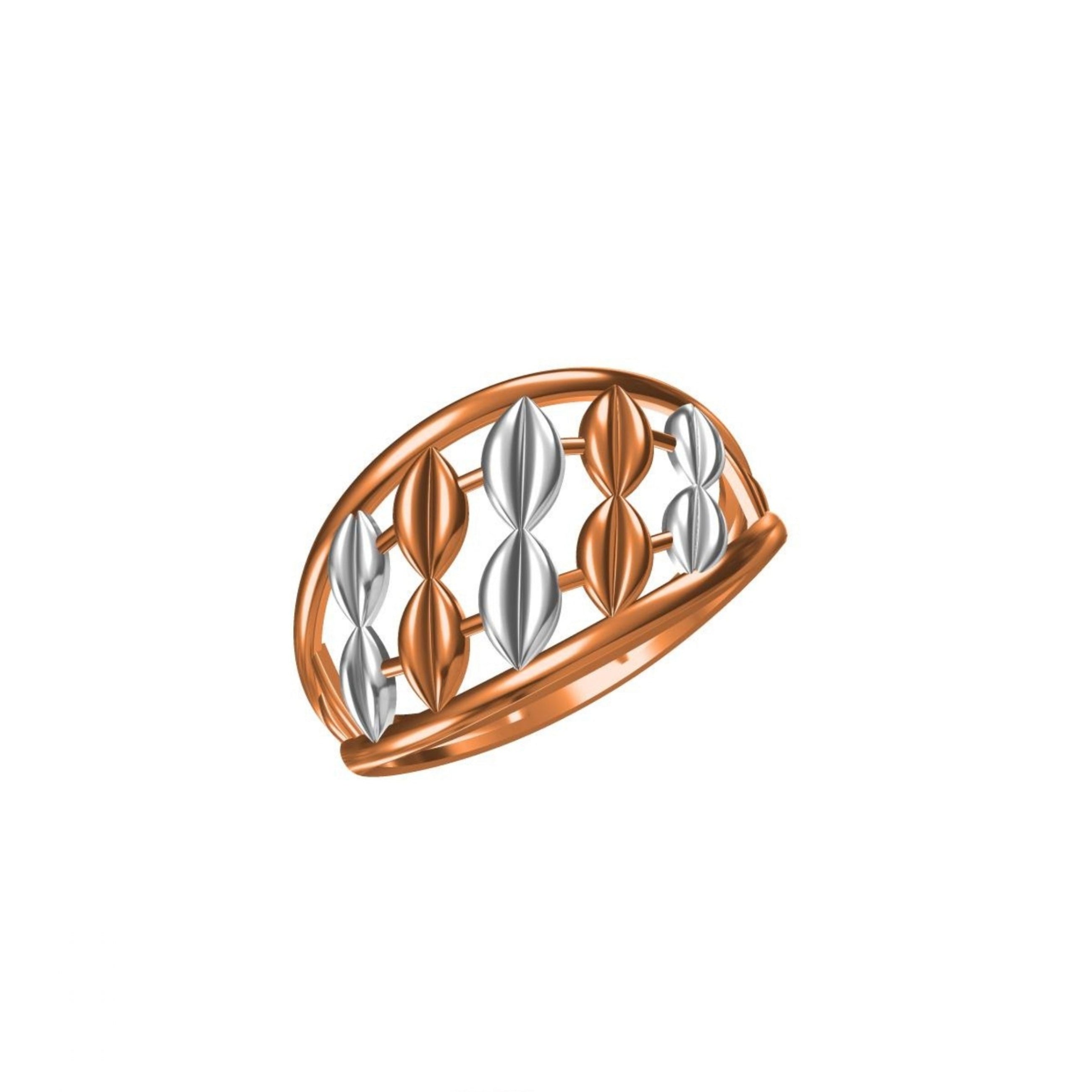 A two-tone ring featuring a rose gold band with a geometric openwork design of elongated oval and leaf-like motifs in polished rose gold and silver, shown on a plain white background with a model code label and logo at the bottom.