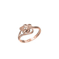 A rose gold ring with a stylized leaf and flower motif, shown on a plain white background with a small model number and brand logo at the bottom.