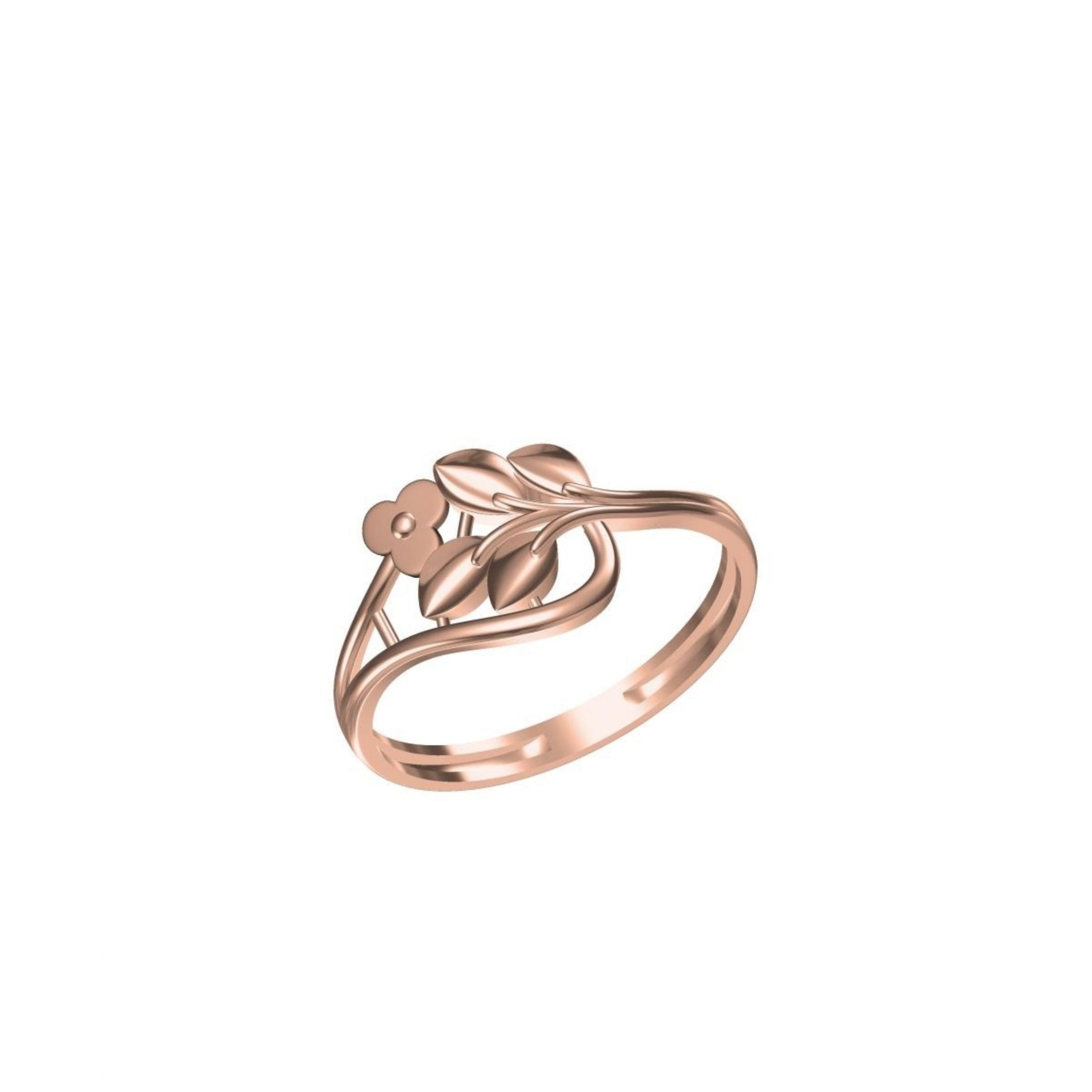 A rose gold ring with a stylized leaf and flower motif, shown on a plain white background with a small model number and brand logo at the bottom.