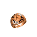 A rose gold signet ring featuring a cutout Mercedes-Benz three-pointed star logo on the face, set against a plain white background.