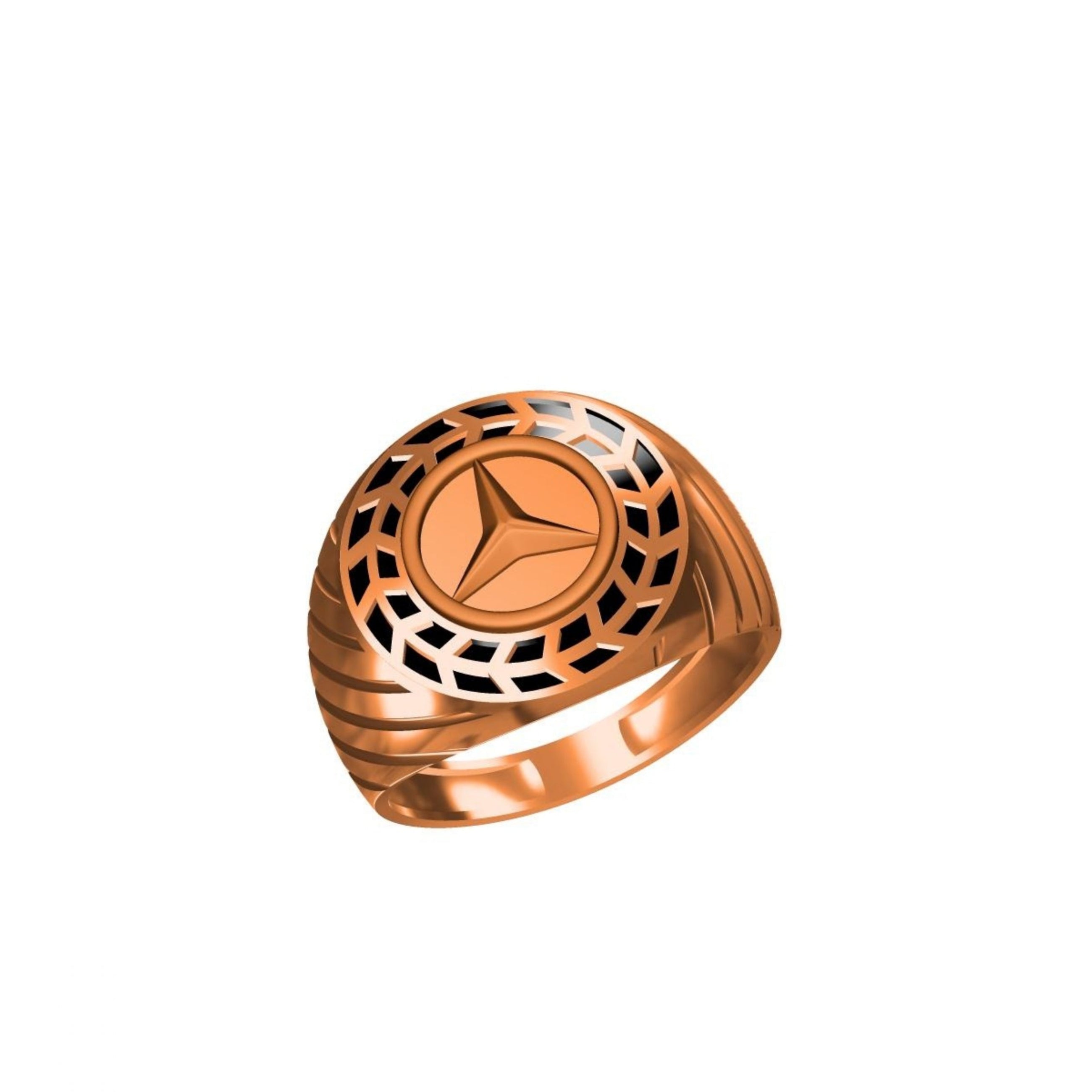 A rose gold signet ring featuring a cutout Mercedes-Benz three-pointed star logo on the face, set against a plain white background.
