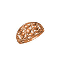 A rose gold ring with an intricate openwork filigree pattern of hearts and floral motifs, shown on a plain white background with a model number and brand logo at the bottom.