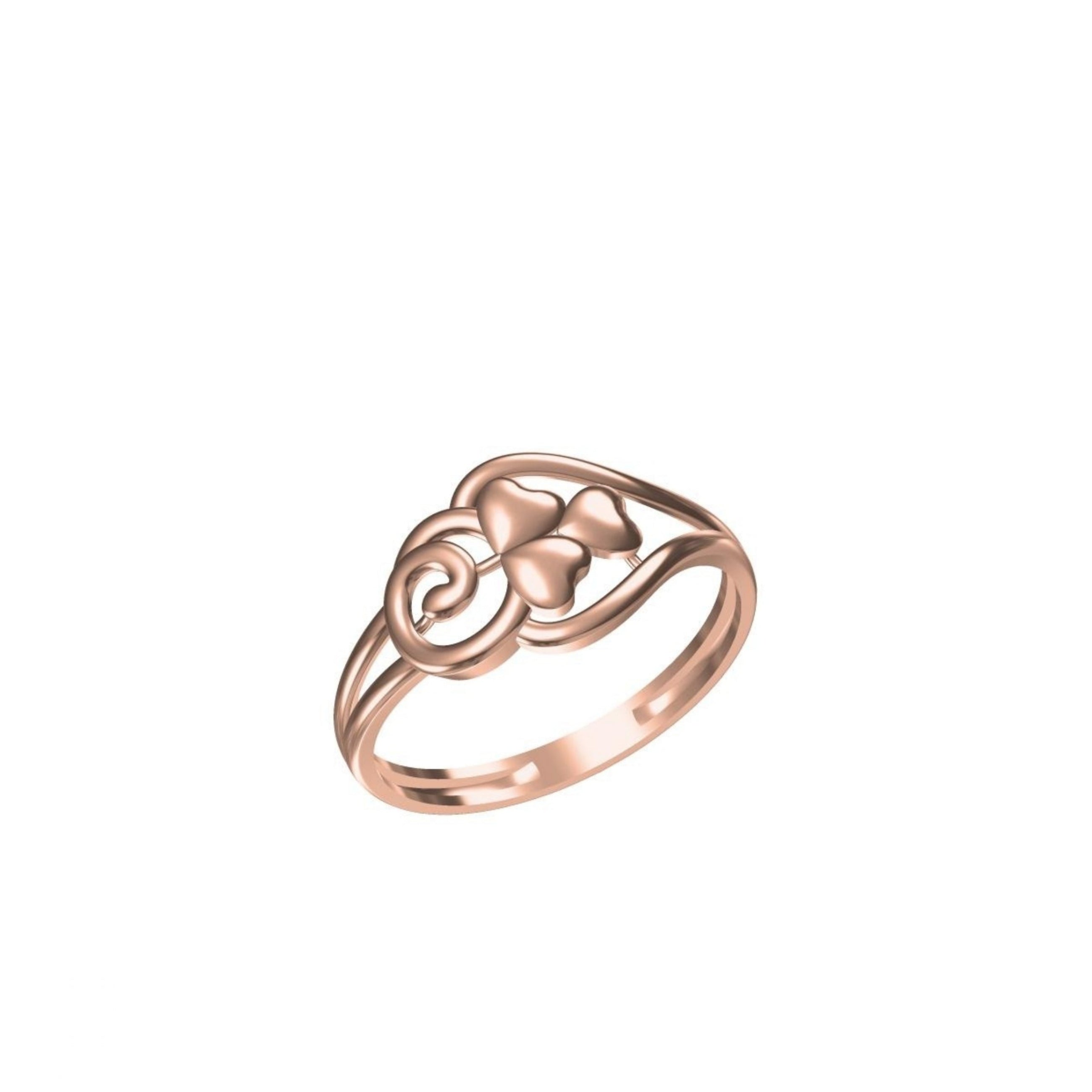 A rose gold ring with a central clover motif and swirling details, shown on a plain white background with a small model number and logo at the bottom.