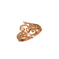 A rose gold open wrap ring with intricate scrollwork and a small heart detail, shown on a plain white background with a model number and brand logo at the bottom.