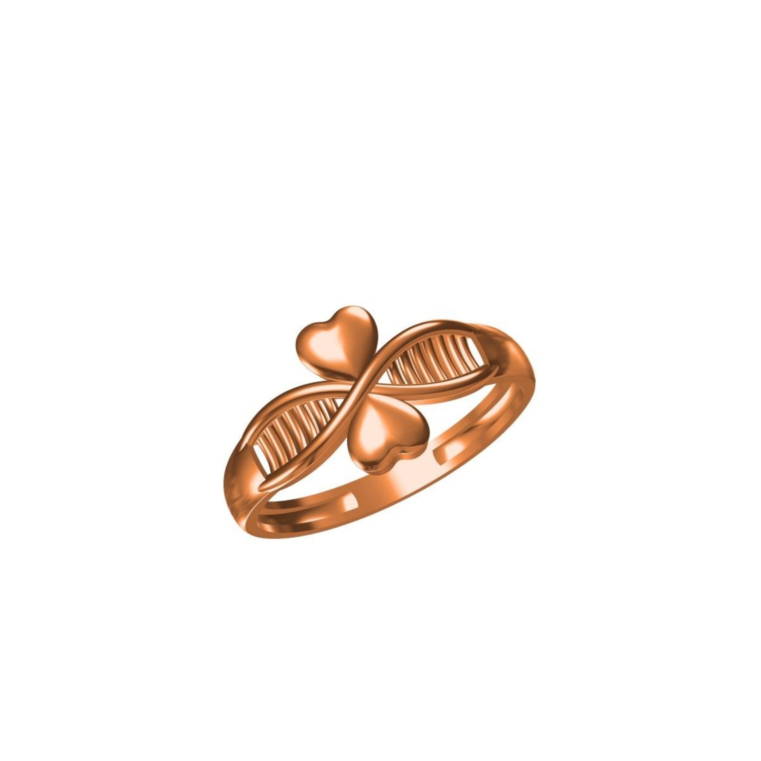 A rose gold ring featuring three hearts arranged in a trefoil shape over a twisted band with parallel grooves, shown on a plain white background with a model number and brand logo at the bottom.