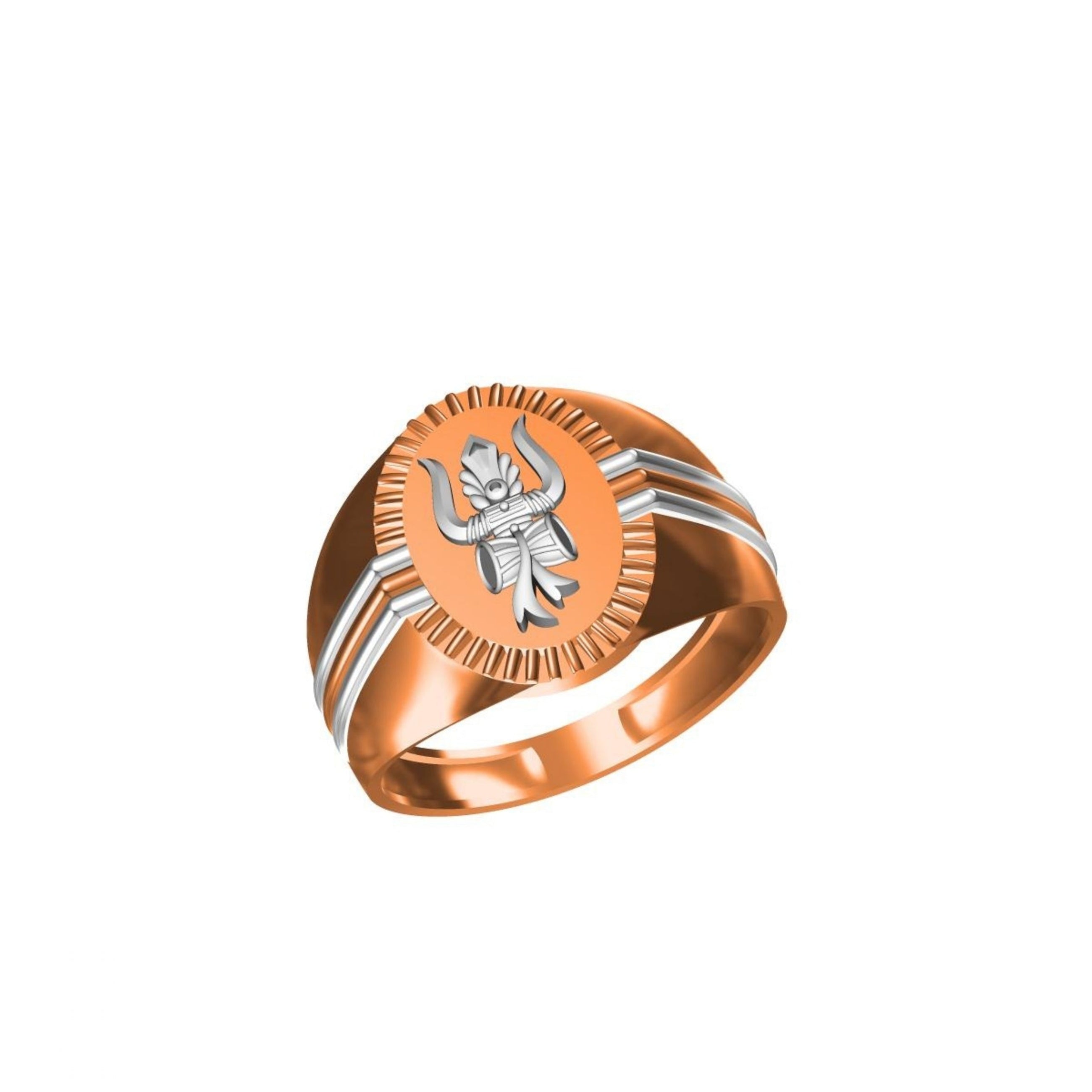 A two-tone signet ring featuring a warm rose gold body with a textured circular face, a central silver-toned figure motif, and diagonal silver accents on the band, shown against a plain white background.