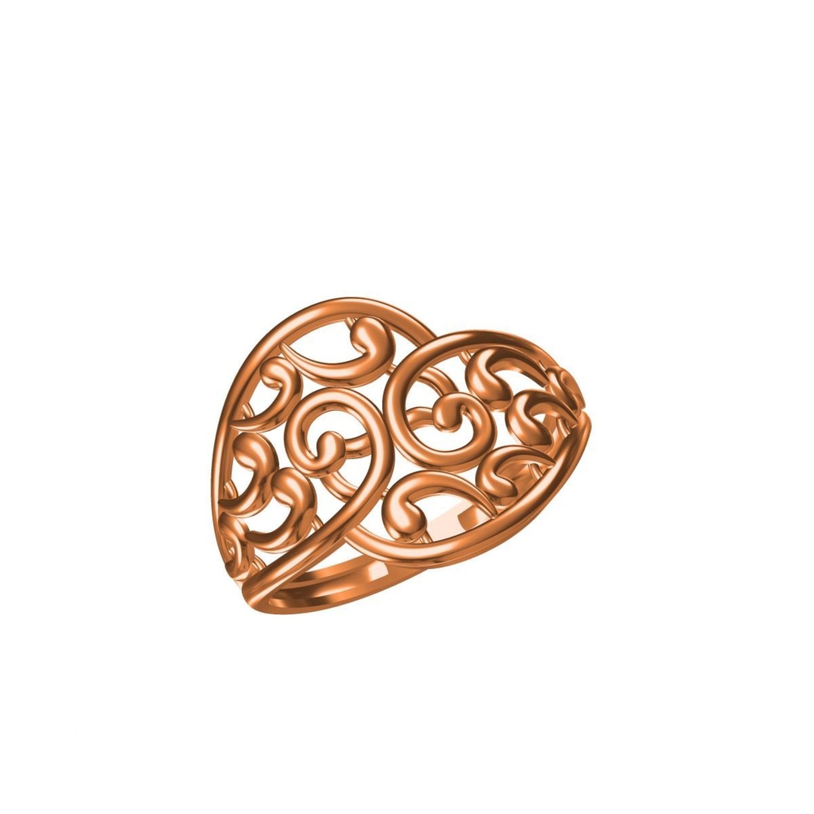 An ornate rose gold filigree heart-shaped ring with intricate scrollwork, shown on a plain white background with a small catalog label and 'DC' logo at the bottom.