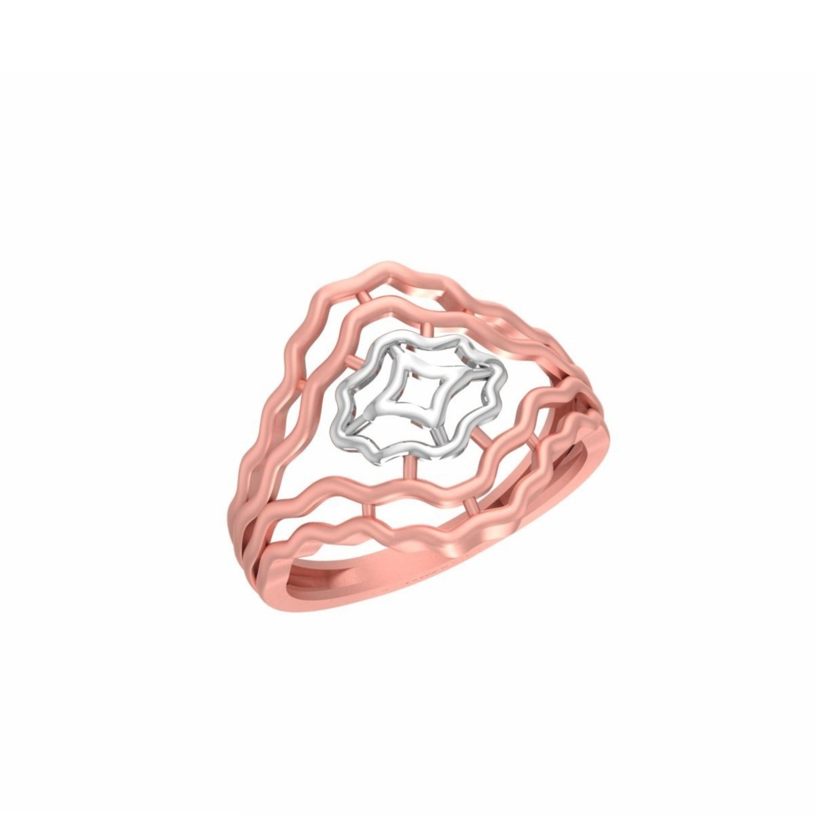 A rose gold ring with a wavy, openwork band and a central silver-toned geometric flower-like setting, shown on a plain white background with a small model code label and 'DC' mark at the bottom.