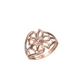 A rose gold ring with a stylized openwork floral design, shown on a plain white background with a small model number and logo at the bottom.