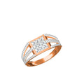A rose gold and white gold geometric ring with a central cluster of clear diamonds, shown on a plain white background with a small specification table and the 'DC' brand logo in the lower-left corner.