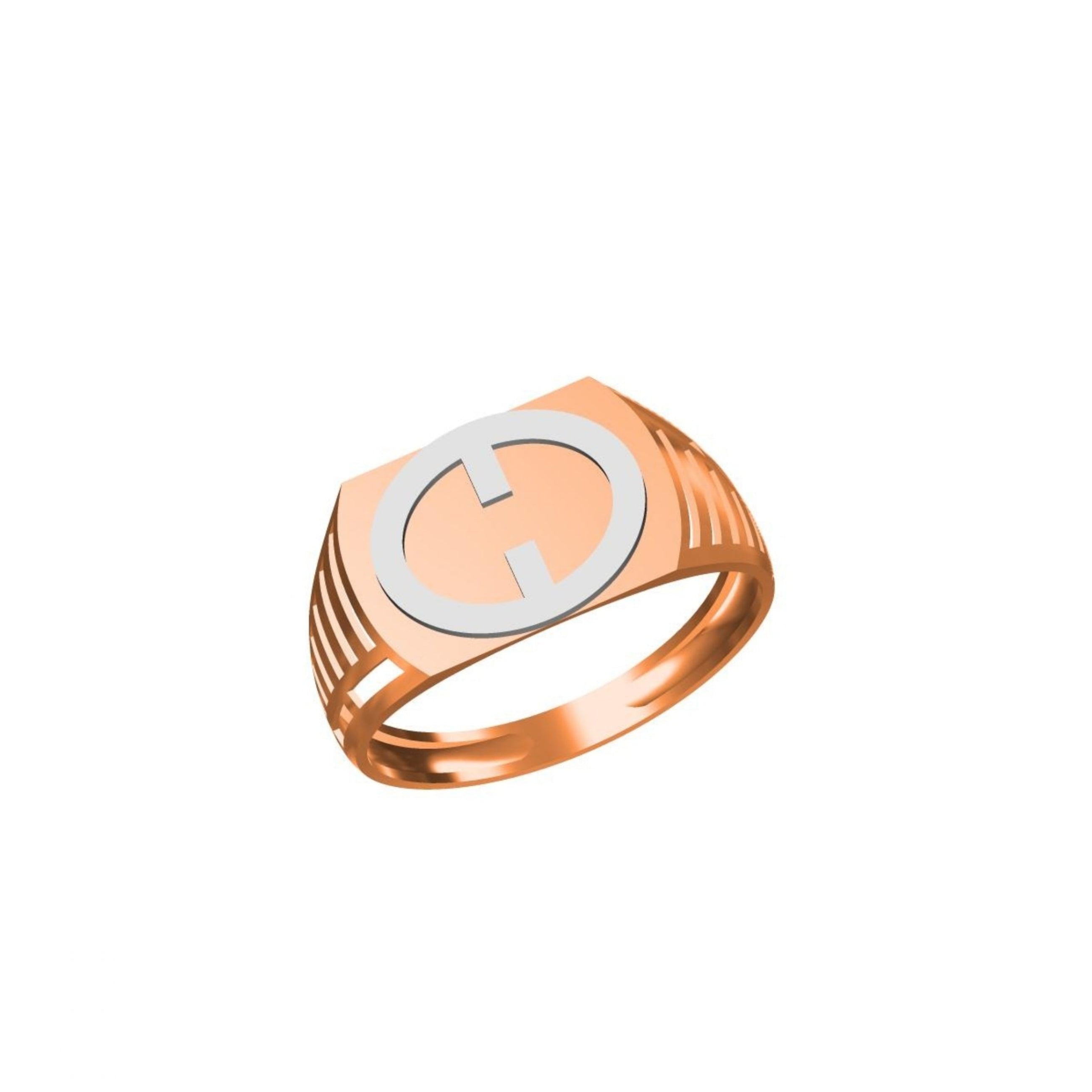 A rose gold signet ring with a polished silver-toned circular 'G' emblem on a hexagonal face, shown against a plain white background with a small model code label and 'DC' logo at the bottom.