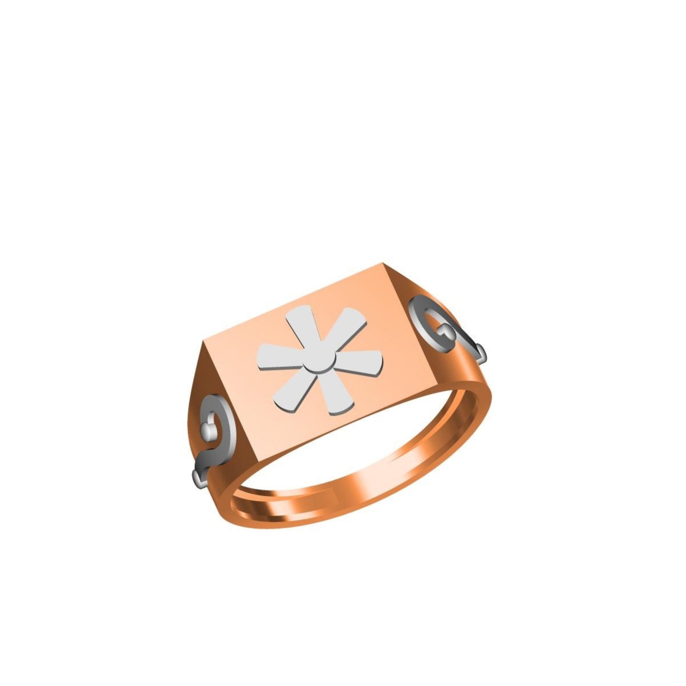 A rose gold signet ring with a square face featuring a silver-tone asterisk symbol in the center and silver side accents, shown on a plain white background with a small model code label at the bottom.