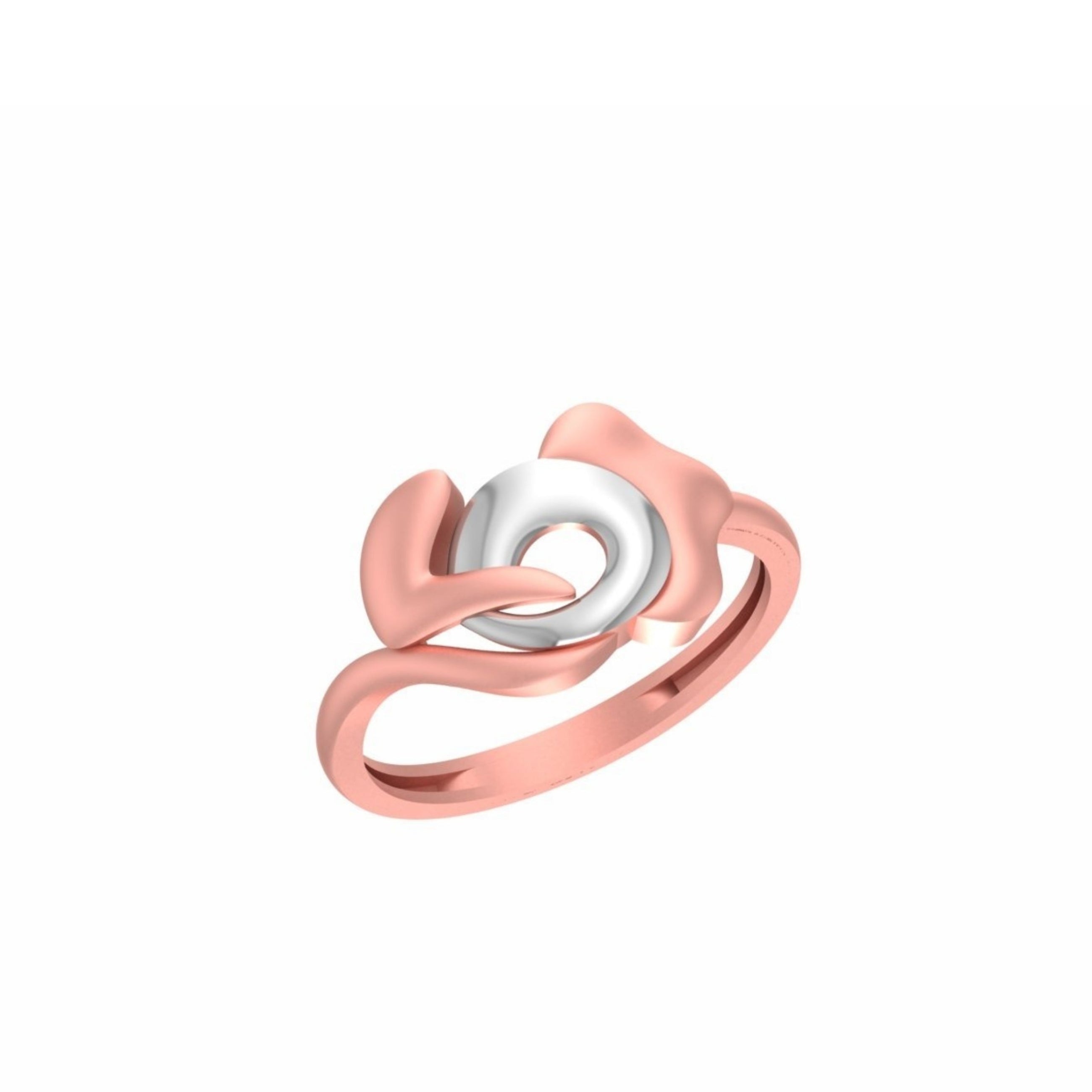 A rose gold ring with a unique sculptural design featuring a central silver ring element, shown on a plain white background with a small code label in the bottom-left corner.