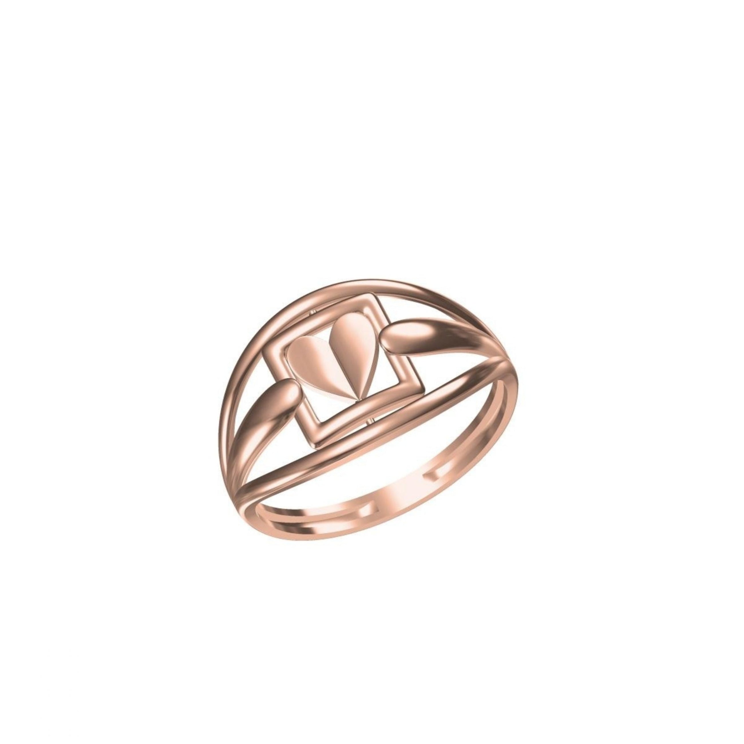 A rose gold ring with a geometric openwork design and a central leaf motif, shown on a plain white background with a small model number and brand logo at the bottom.