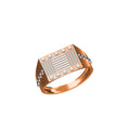 A rose gold signet ring with a white gold or platinum American flag motif, featuring vertical and horizontal stripes with small star details on the sides, shown on a plain white background with a model code label and 'IO' logo.