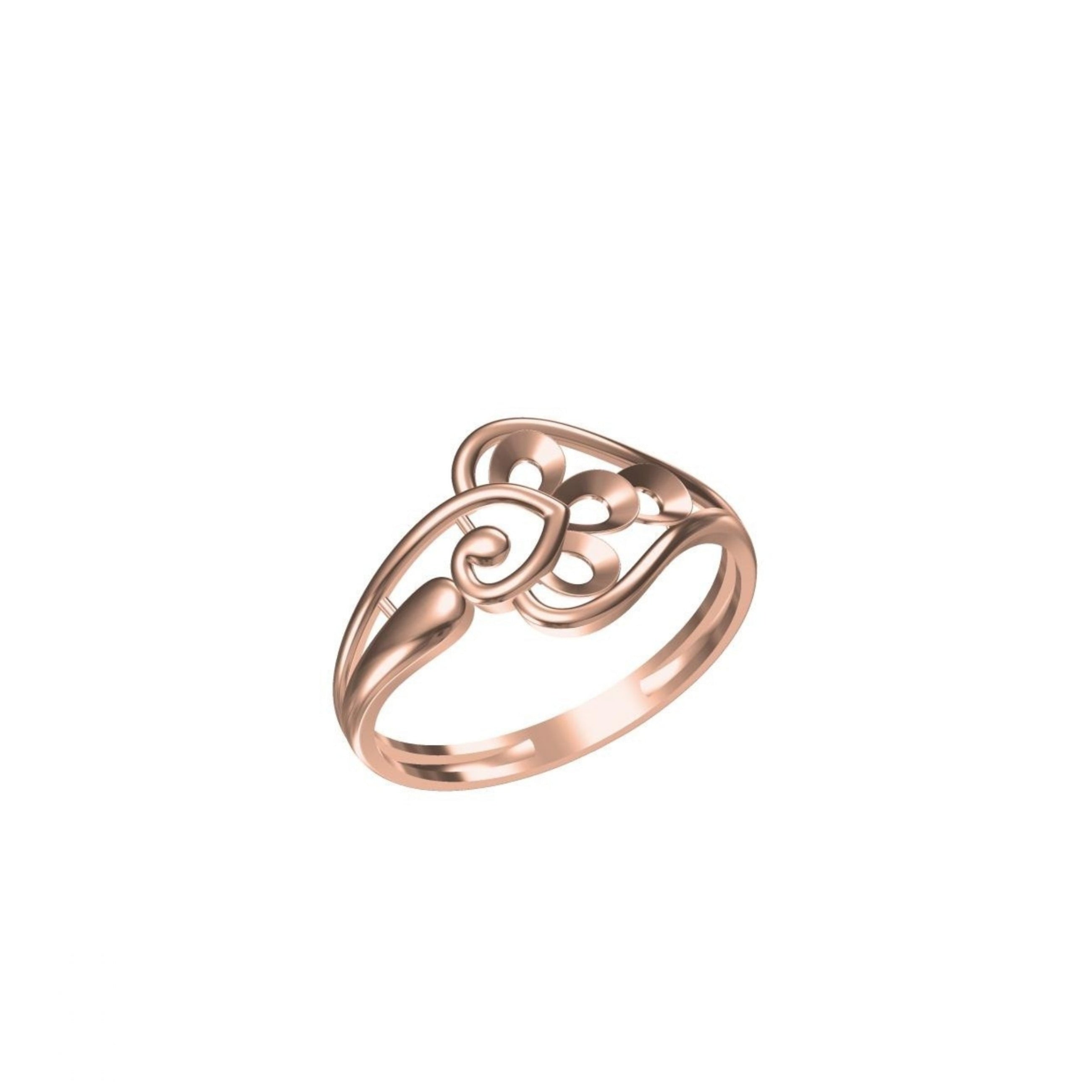 A rose gold ring with an openwork, swirling Art Deco style design, shown on a plain white background with a small model number and logo at the bottom.