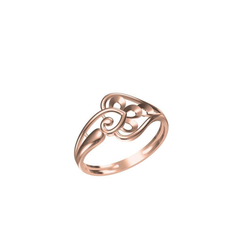 A rose gold ring with an openwork, swirling Art Deco style design, shown on a plain white background with a small model number and logo at the bottom.