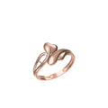 A rose gold ring with a stylized heart and leaf design on a plain white background, featuring a small model number 'SILR-8456' and a logo 'IC' at the bottom.