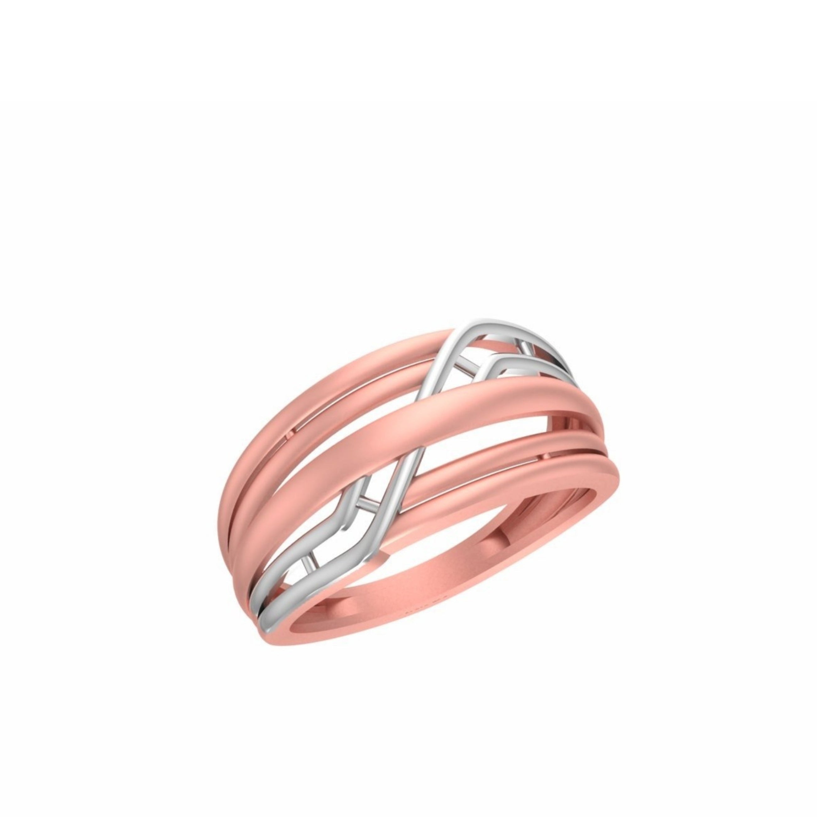 A three-band ring featuring two rose gold bands and one silver band in an interlocking infinity design, shown on a plain white background with a small code label in the bottom-left corner.