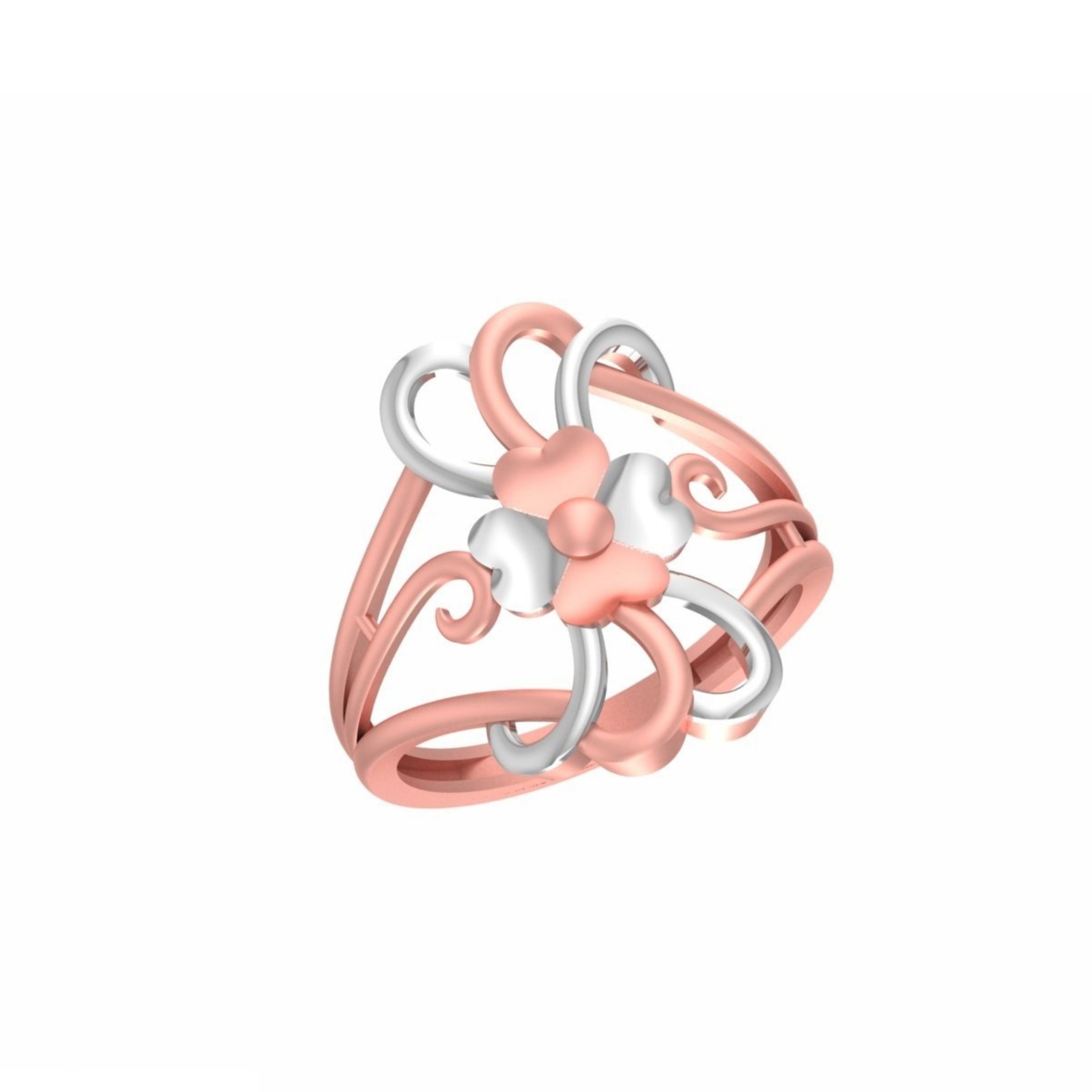 A rose gold and silver floral ring with a central flower motif and swirling ribbon-like bands, shown on a plain white background with a small code label in the bottom-left corner.