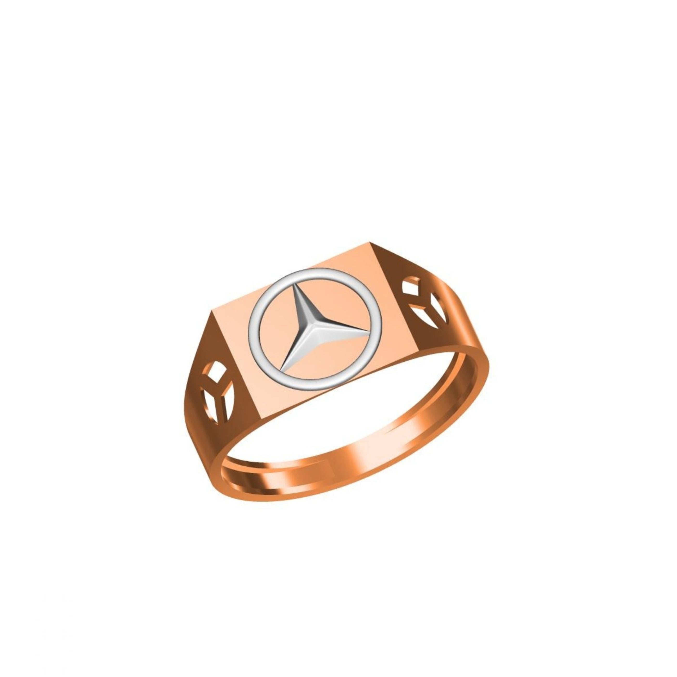 A rose gold signet ring featuring a silver Mercedes-Benz star logo on a geometric face, shown on a plain white background with a model code label and logo at the bottom.