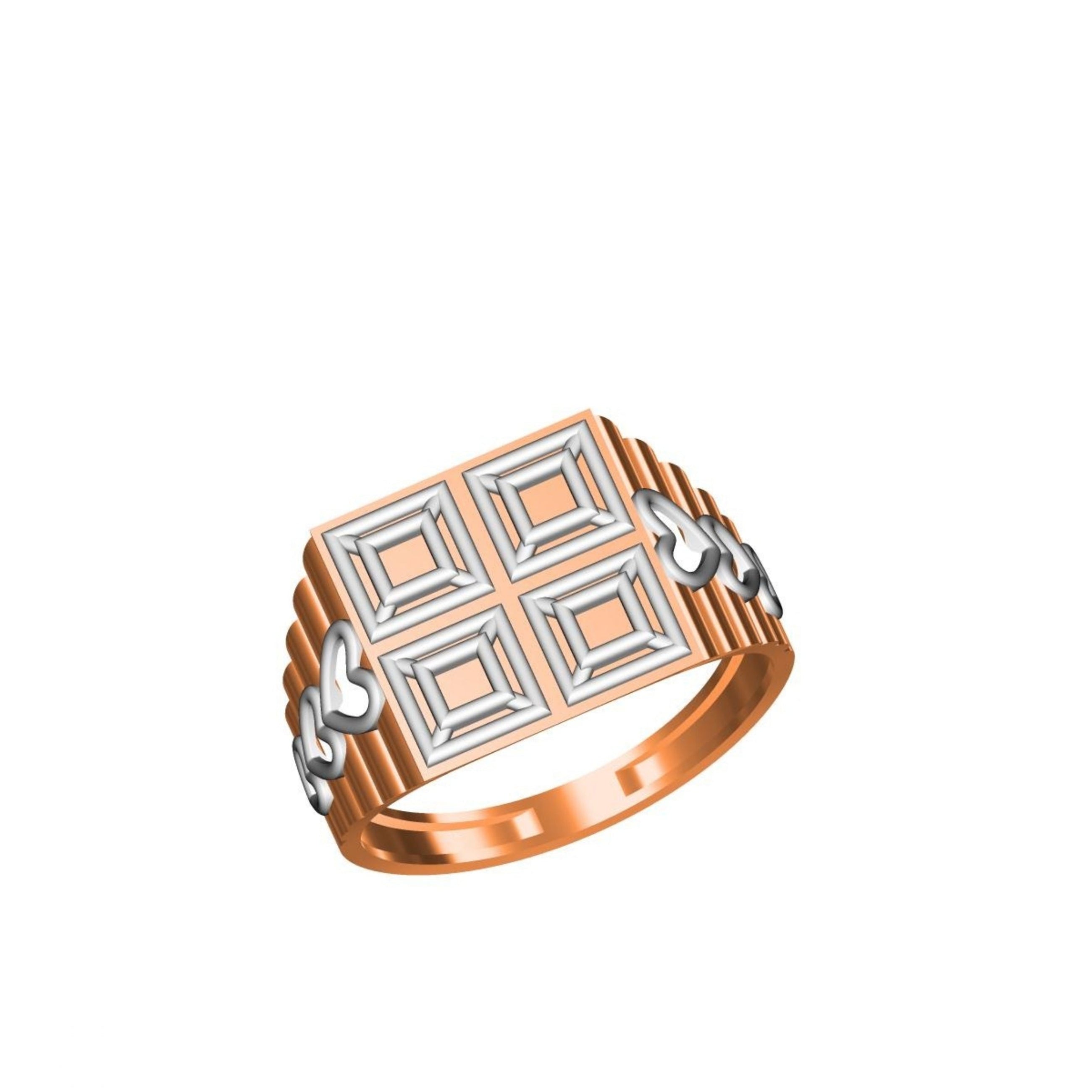 A men's signet ring featuring a rose gold band with a square face inlaid with four nested square motifs in white gold and rose gold, flanked by twisted rose gold bars. Shown on a plain white background with a model number and brand logo at the bottom.