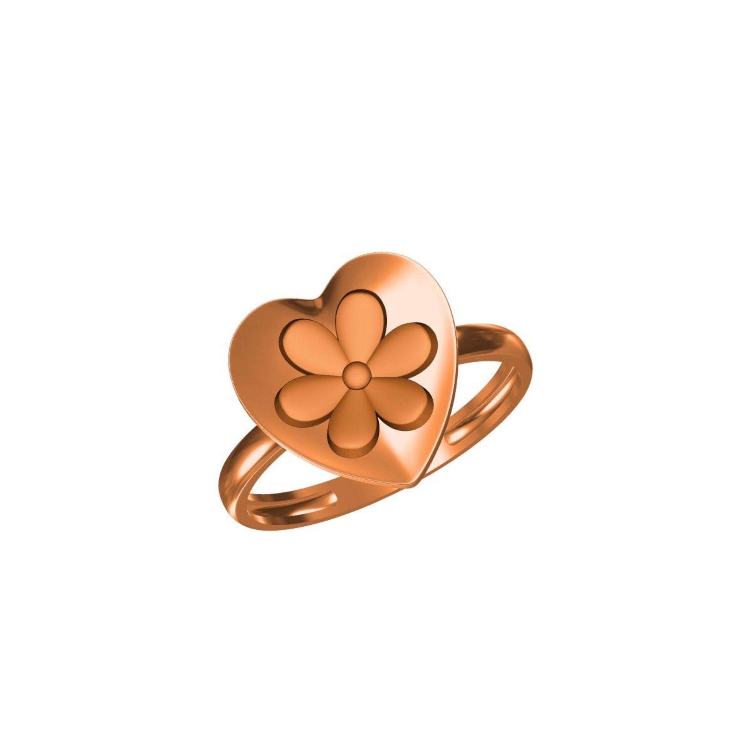 A rose gold ring featuring a heart-shaped top with an embossed flower motif, displayed on a clean white background with a small product code label and 'JC' logo at the bottom.