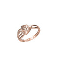 A rose gold ring with a stylized, openwork geometric design on a plain white background, featuring a small model number 'SILR-8530' and a logo at the bottom.