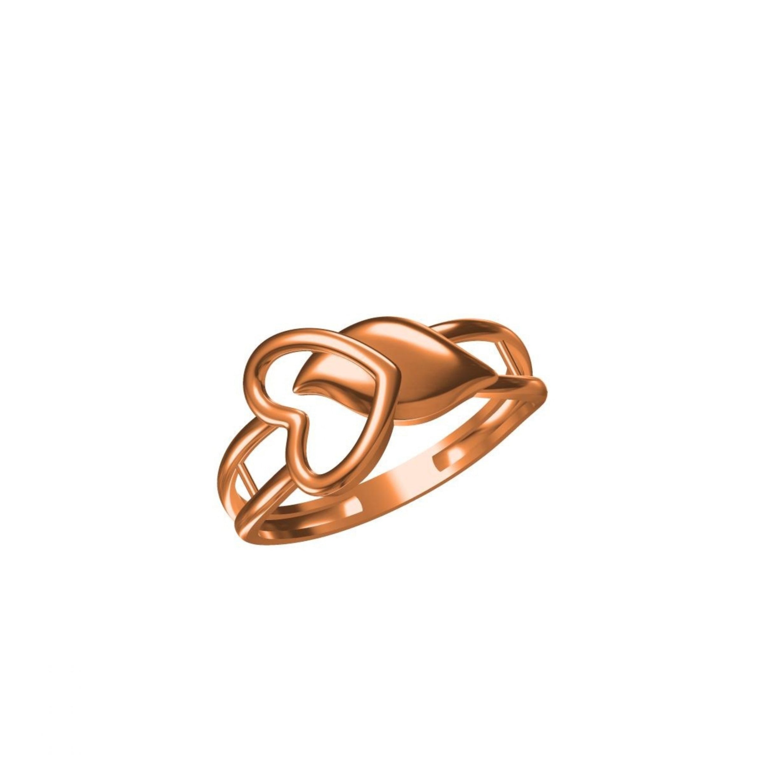 A rose gold ring featuring a stylized openwork heart design on a clean white background, with a small model number 'SILR-7638' and a logo at the bottom.