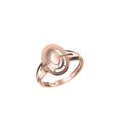 A rose gold ring with a multi-layered circular design, shown on a plain white background with a small model number label and logo at the bottom.