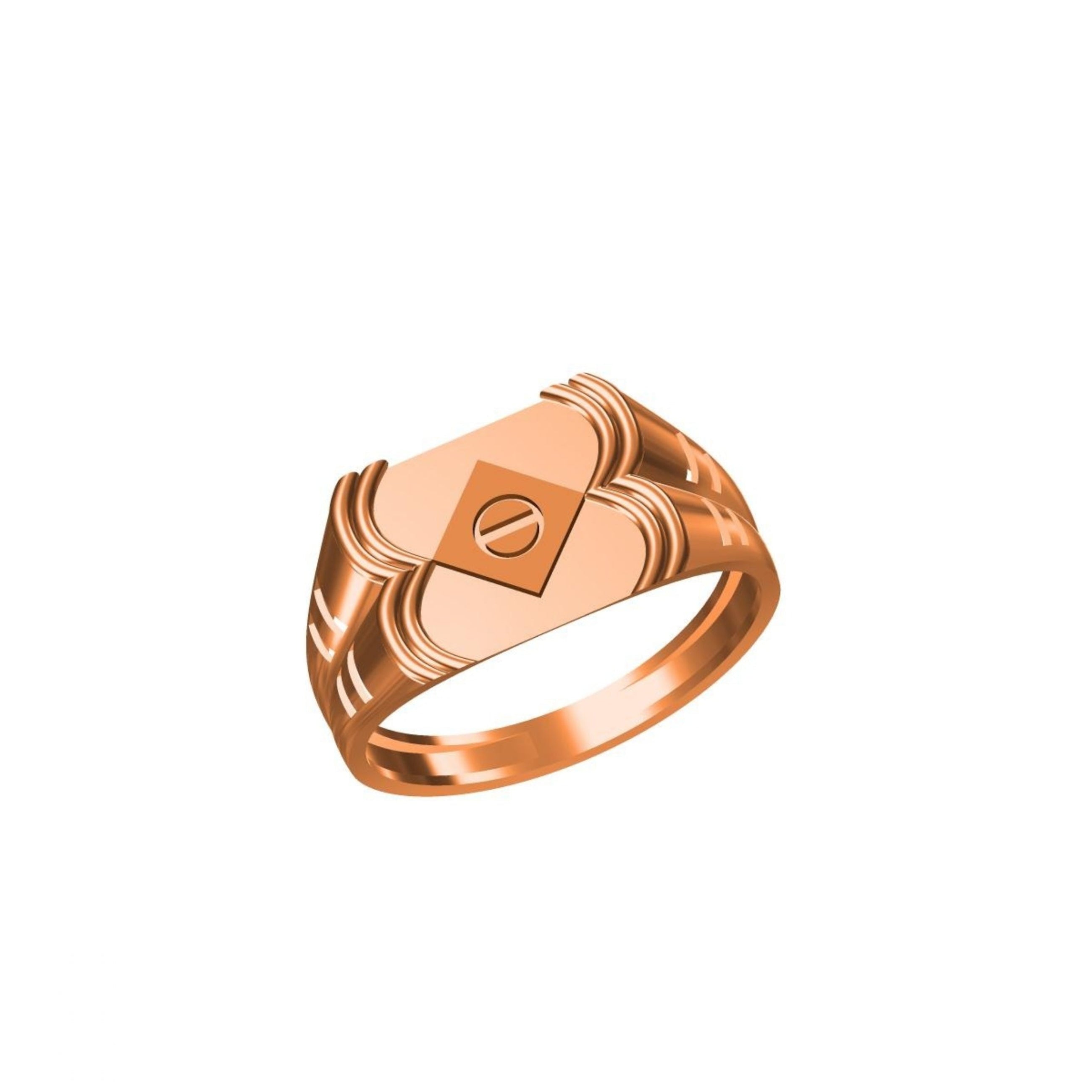 A rose gold signet ring with a geometric, sculpted face and a central screw detail, shown on a plain white background with a model number label and logo at the bottom.