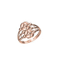 A rose gold ring with a floral cluster setting and openwork band, shown on a plain white background with a small model number and logo at the bottom.