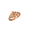 A rose gold ring featuring a stylized flower motif with swirling decorative details, shown on a plain white background with a small product code label and logo at the bottom.