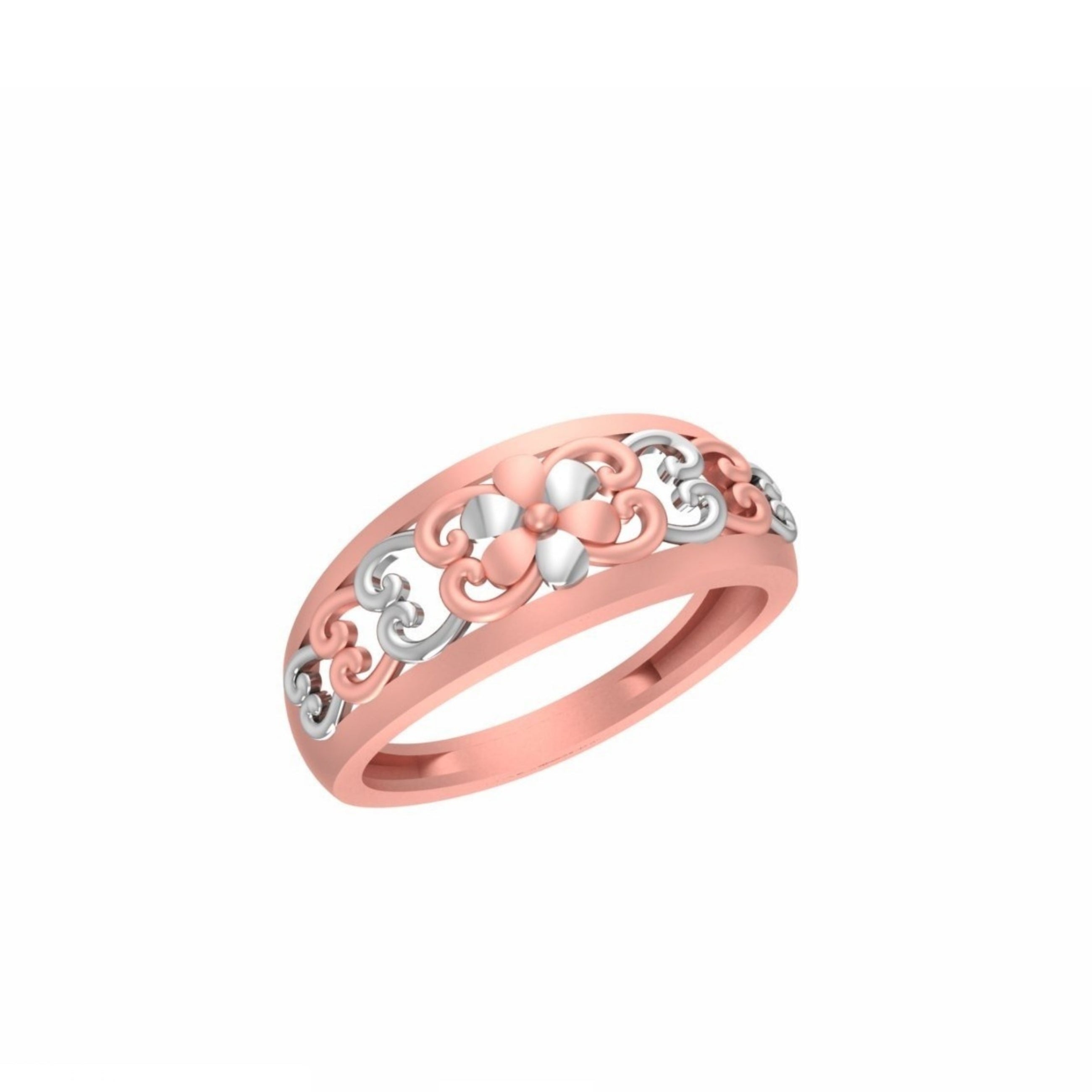 A rose gold ring with a silver filigree pattern, shown on a plain white background with a small model number and brand logo at the bottom.