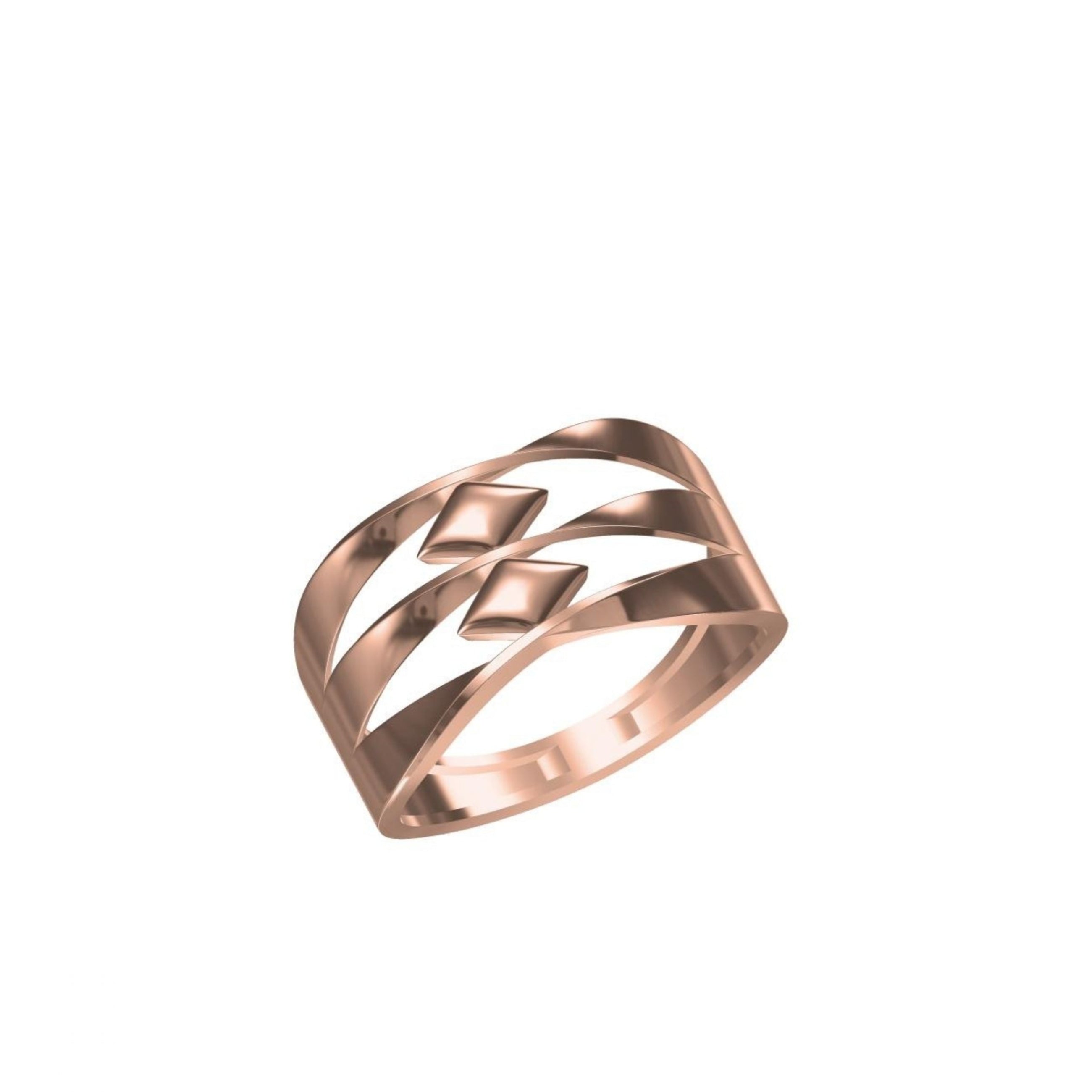 A rose gold ring with a wide, openwork design featuring three diagonal bands and a central diamond motif, shown on a plain white background with a model code label in the bottom left and a logo in the bottom center.