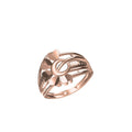 A rose gold ring with a stylized openwork design featuring a central heart and flower motifs, shown on a plain white background with a small model number and logo at the bottom.