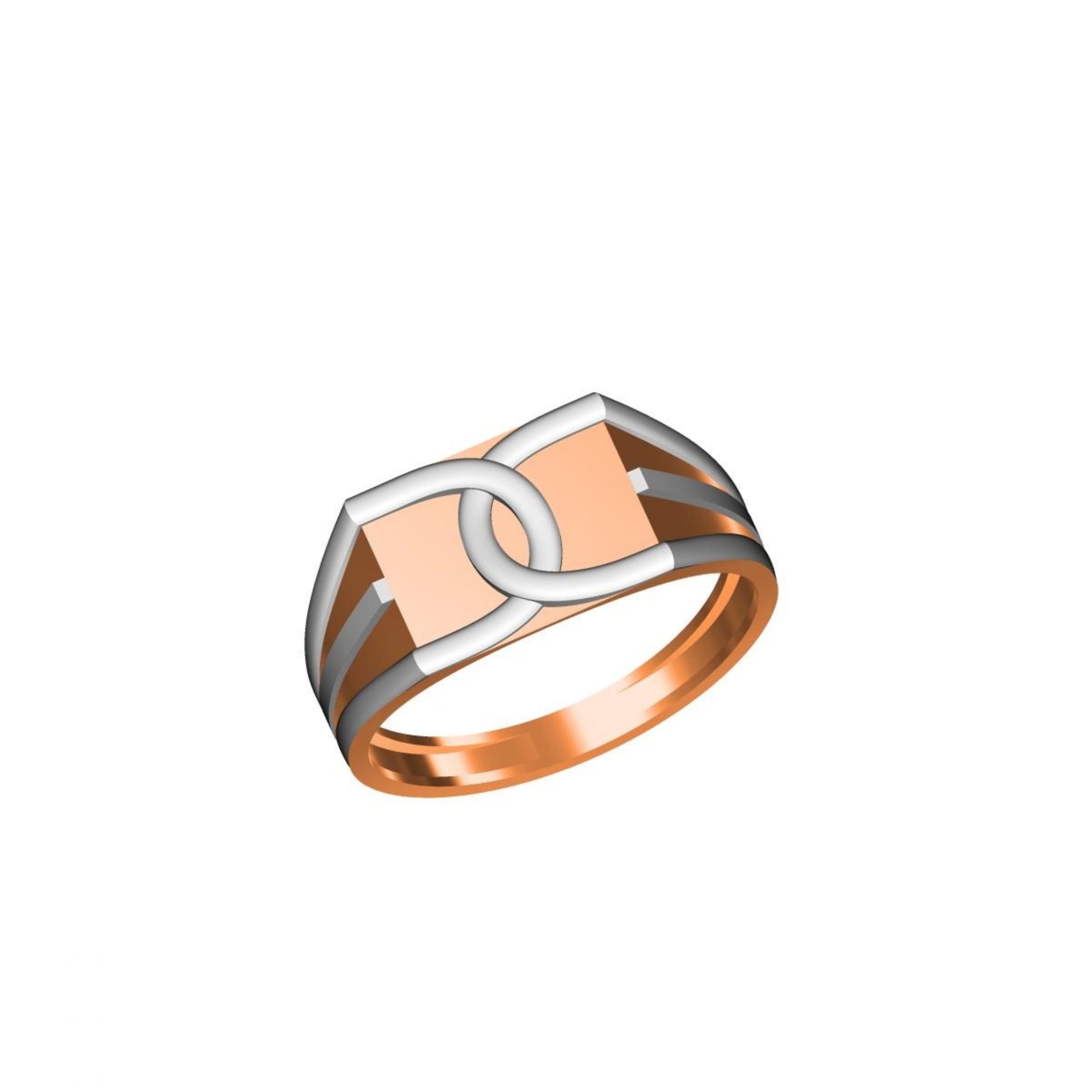 A modern geometric ring with a rose gold and silver double-band design, featuring a central rose gold square and interlocking silver bands, shown on a plain white background with a model number and brand logo.