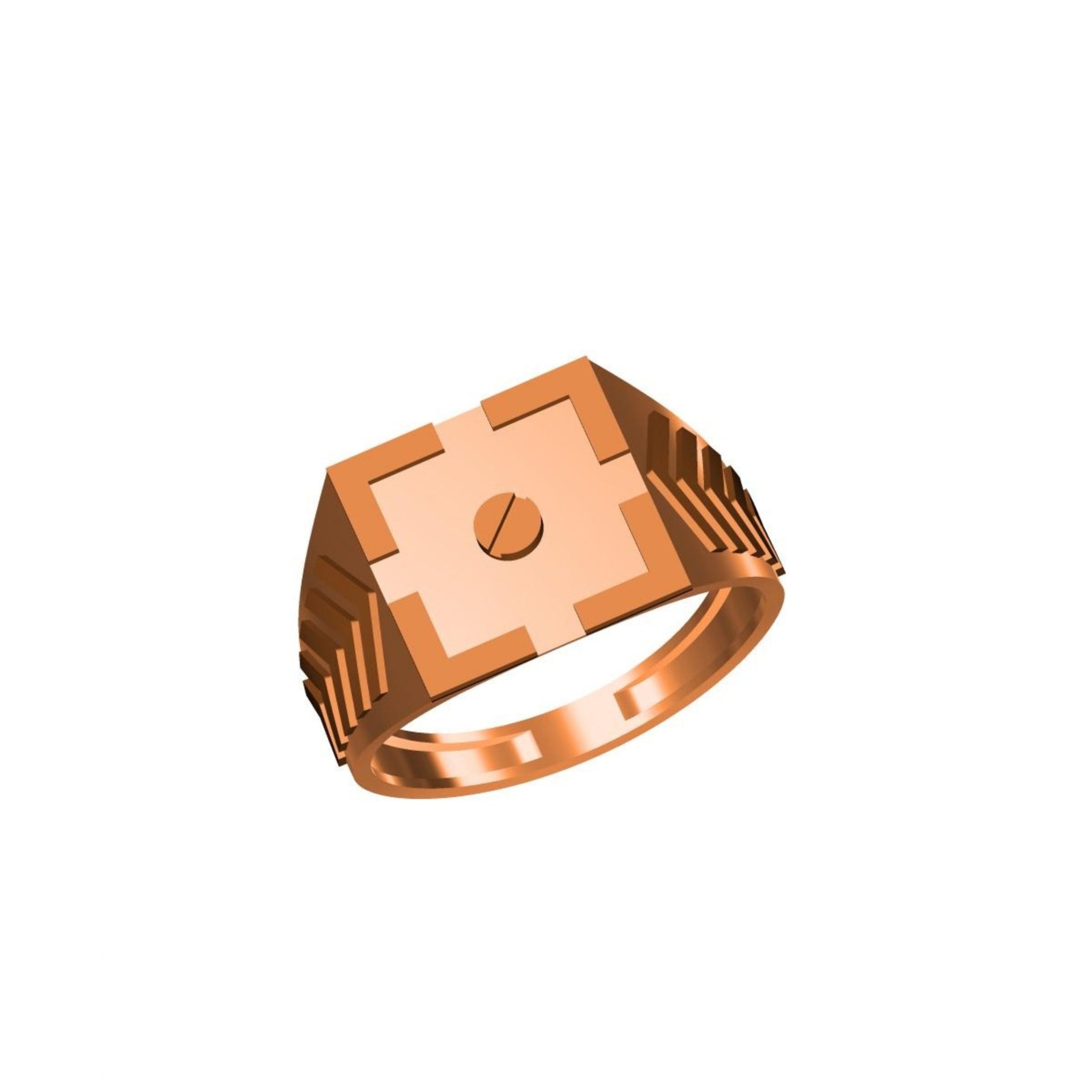 A rose gold signet ring with a geometric, faceted crown-like top and a central oval detail, shown on a plain white background with a small model code label and 'DC' logo at the bottom.