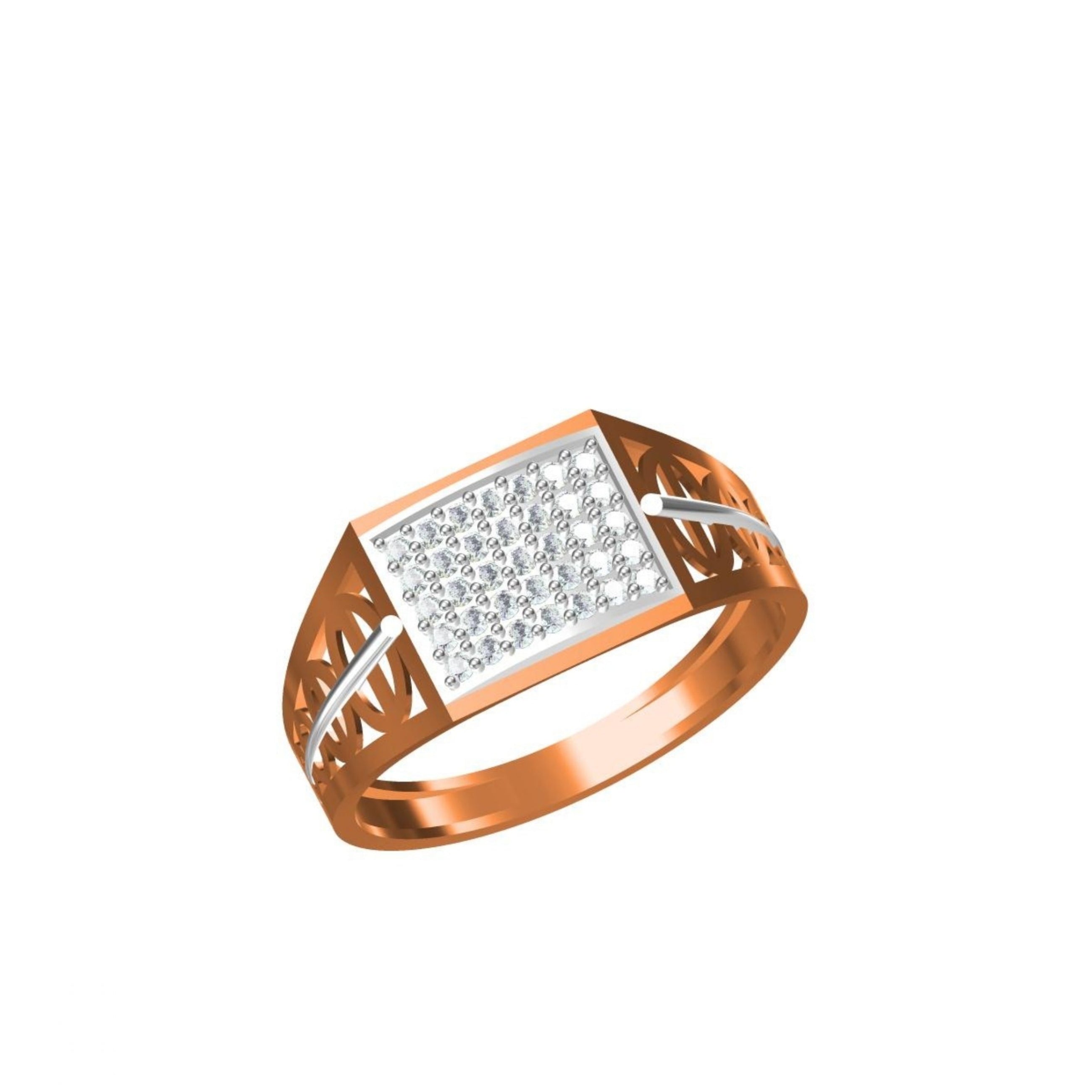 A men's signet-style ring in rose gold with a pavé diamond face and side accents, shown on a plain white background. A small specification table and an 'DC' mark appear at the bottom left.