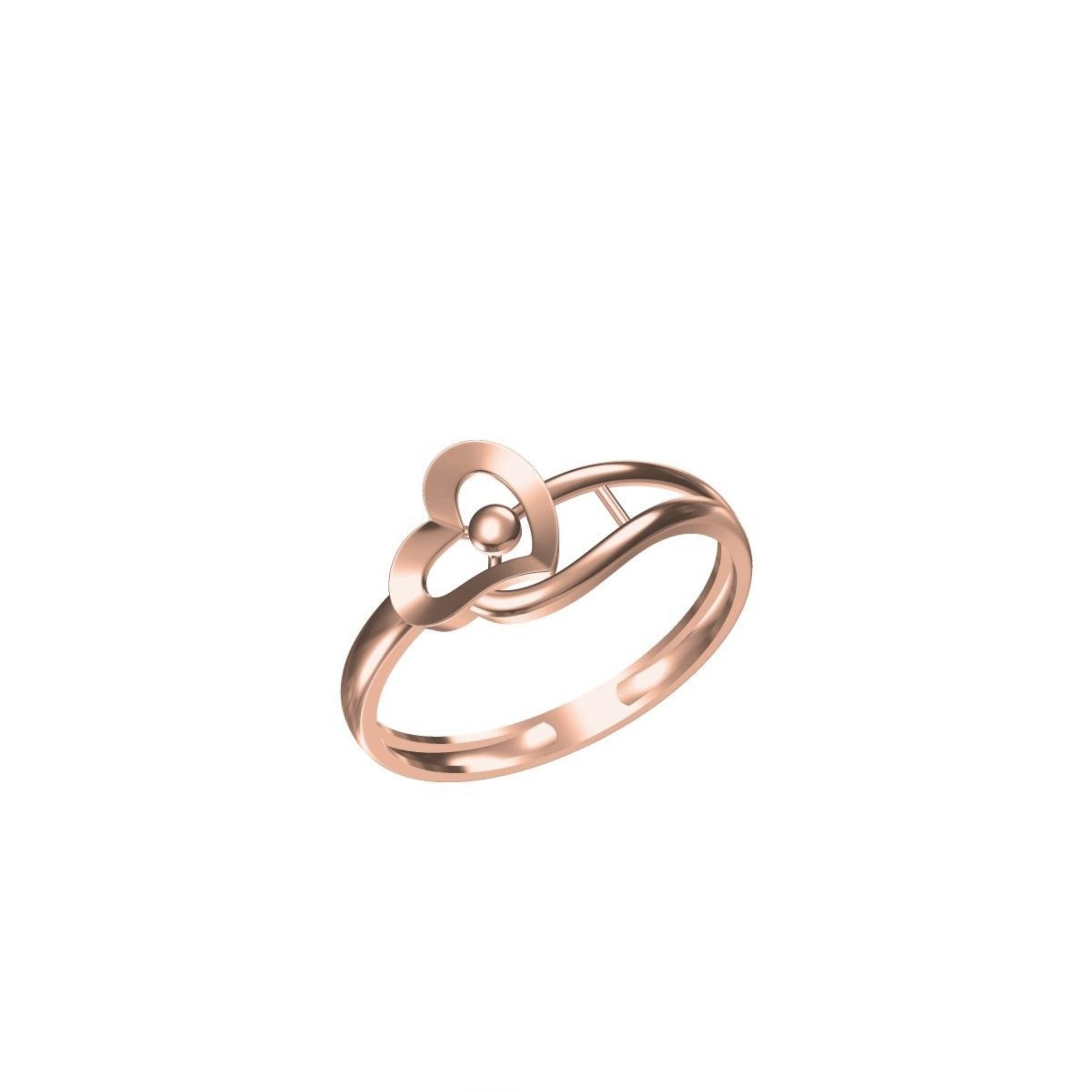 A rose gold ring with a heart-shaped design and a small central gemstone, shown on a plain white background with a small model number and logo at the bottom.