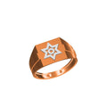 A rose gold signet ring with a white Star of David inlay on a square face, shown on a plain white background with a model number and brand logo at the bottom.