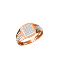 A rose gold ring with a square pavé diamond center and a curved diamond-accented band, shown on a plain white background with a small technical spec sheet and 'DC' logo at the bottom.