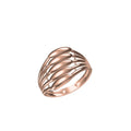 A rose gold ring with a textured, layered leaf-like design, shown on a plain white background with a small model number and brand logo at the bottom.