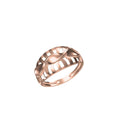 A rose gold ring with a unique openwork, wave-like design, shown on a plain white background with a small model number and logo at the bottom.
