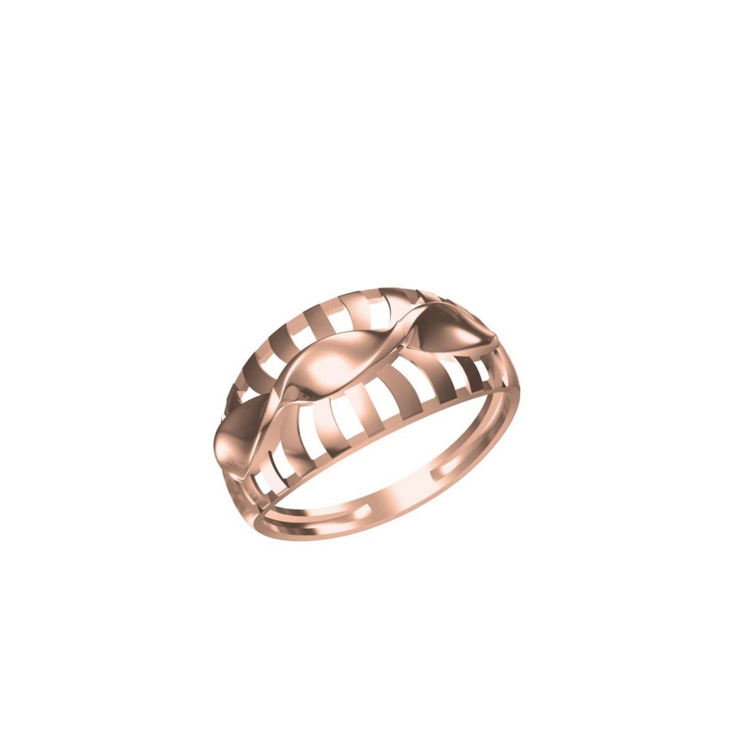A rose gold ring with a unique openwork, wave-like design, shown on a plain white background with a small model number and logo at the bottom.