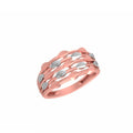 A rose gold ring with a multi-layered design featuring alternating polished and textured rose gold oval and marquise-cut segments, shown on a plain white background.