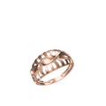 A rose gold ring with a unique openwork, wave-like design, shown on a plain white background with a small model number and logo at the bottom.