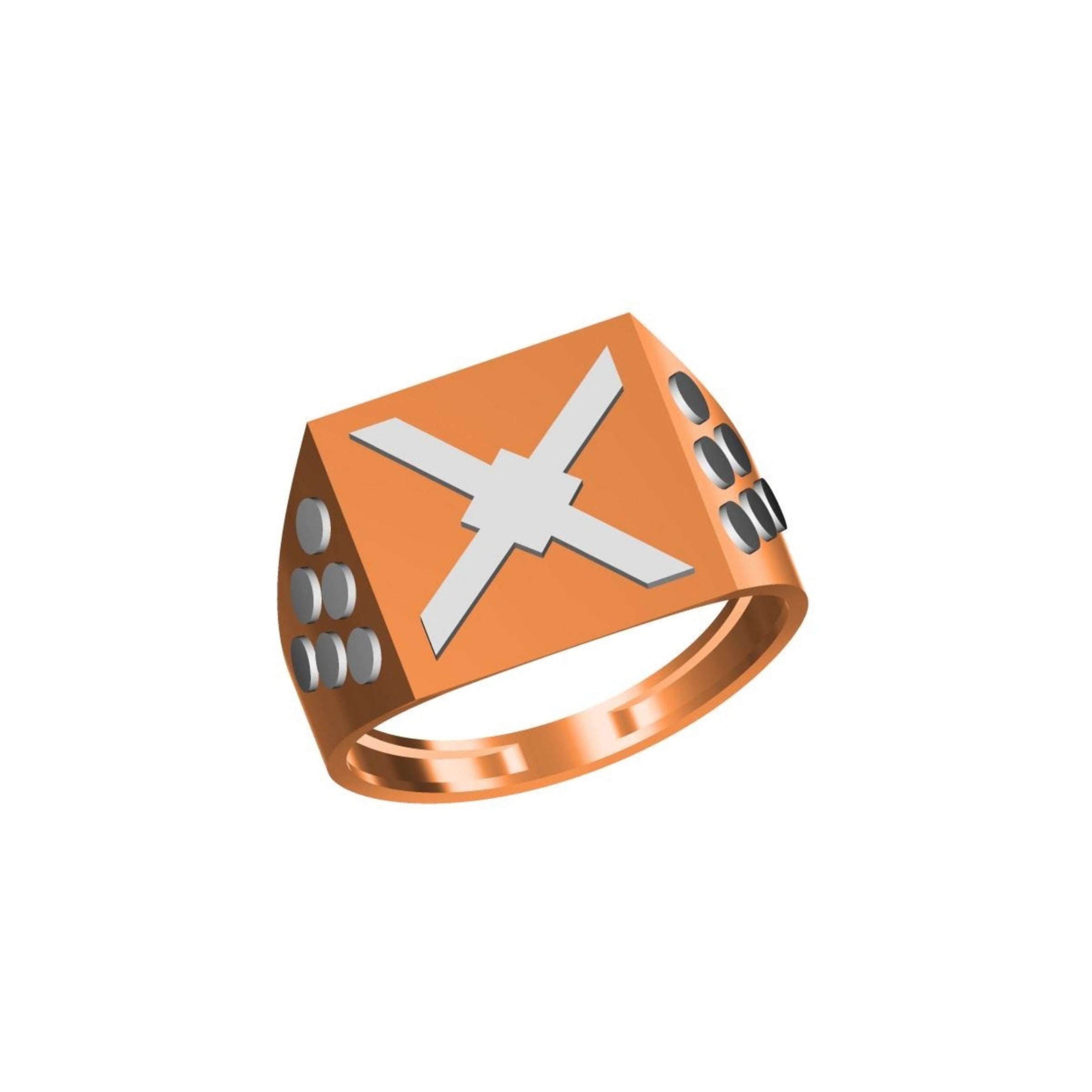 A geometric signet ring with a polished copper-orange finish and a white cross inlay on a square face, shown on a plain white background with a small model code label in the bottom left.