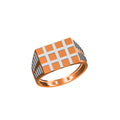 A men's signet ring with a geometric grid pattern face. The ring features a polished copper-orange band, a white cross-grid pattern on the top, and dark gray textured side panels.